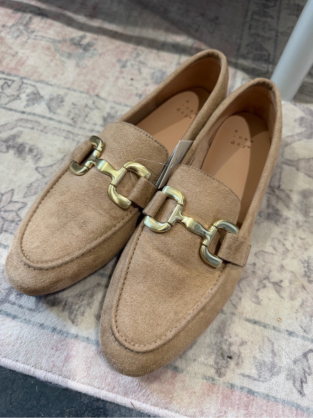 Target Tan Suede Loafers with Gold Buckle